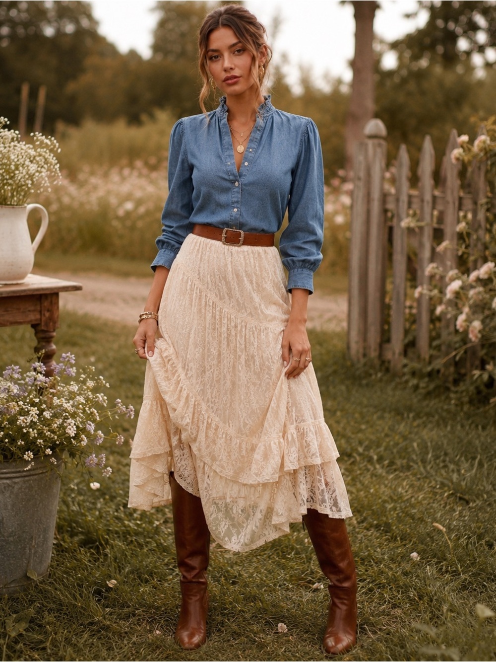 Vintage Chambray Ruffle Collar Blouse | Prairie Boho Denim Button Down